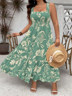 Vestido Feminino Evasê Plus Size Floral com Alças Grossas e Babado na Barra - Estilo Boho