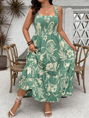 Vestido Feminino Evasê Plus Size Floral com Alças Grossas e Babado na Barra - Estilo Boho